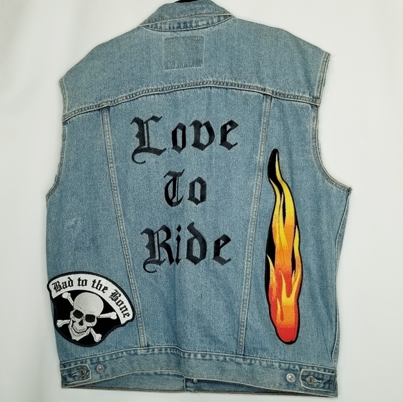 Levi Standard Trucker Vest XL Blue Jean Denim Customized Patches Biker Button up - Picture 10 of 13
